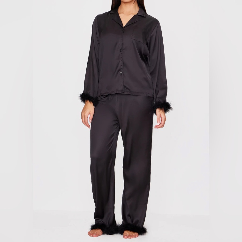 Black Feather Trim Satin Pajama Set